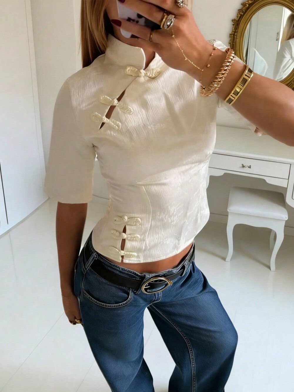 Beige Elegant Women's Cheongsam Button-Up Shirt - Picture 3 of 5